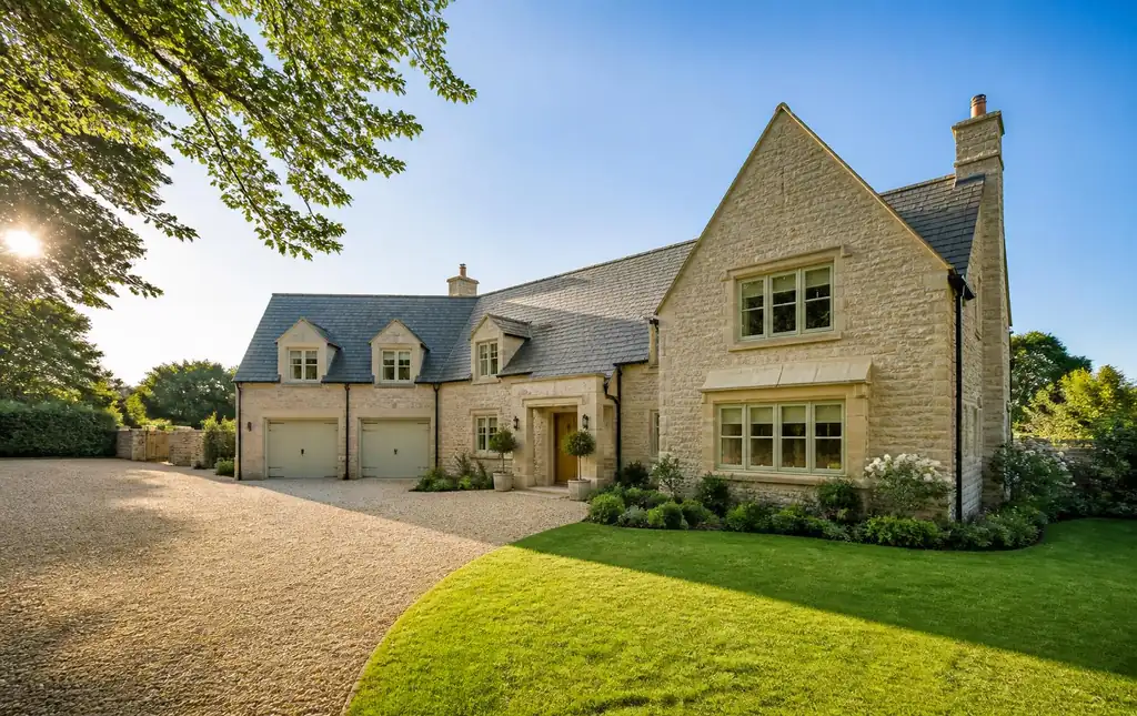 Sunlit detached stone home with a gravel driveway, green lawn and clear blue sky