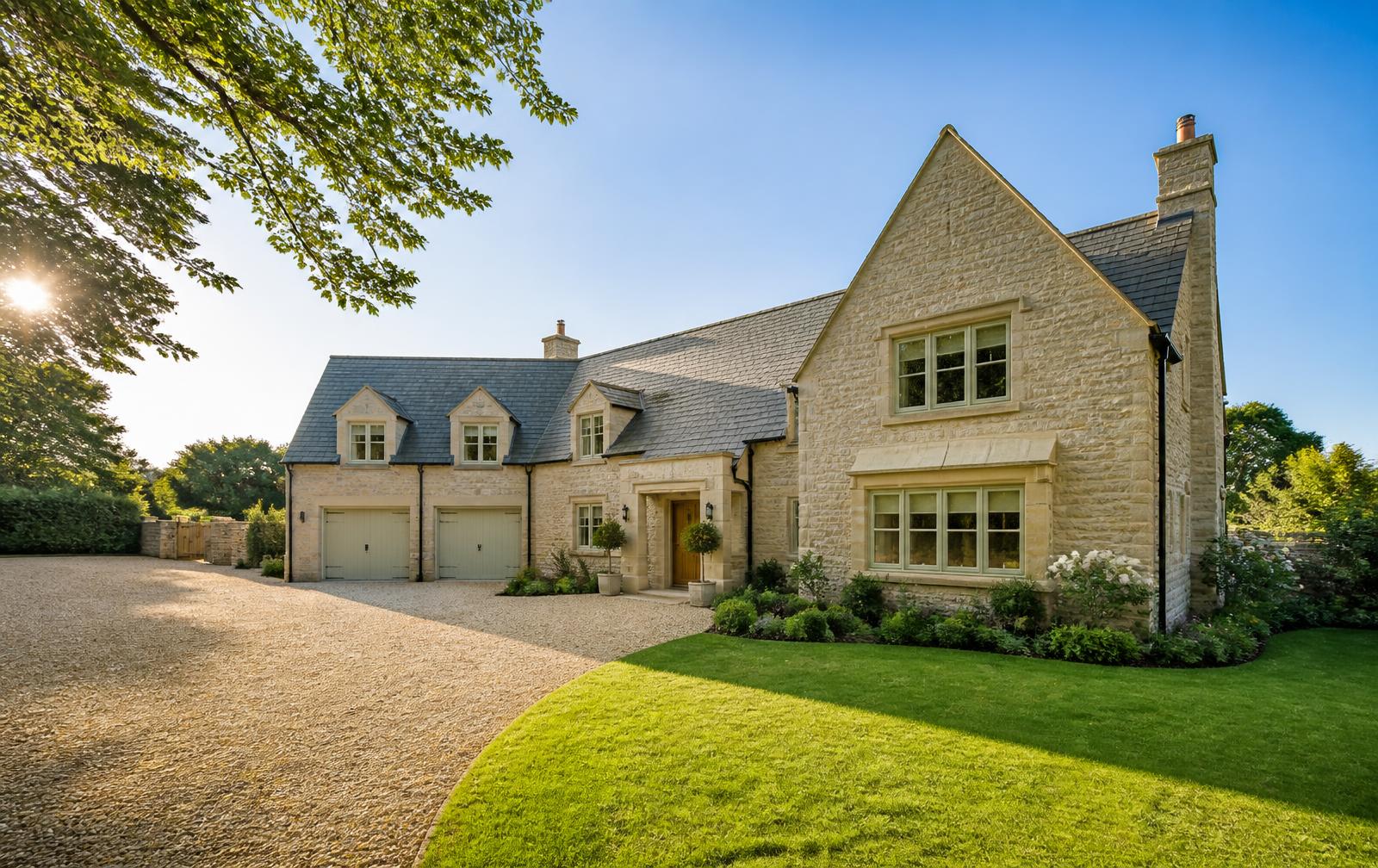 Sunlit detached stone home with a gravel driveway, green lawn and clear blue sky